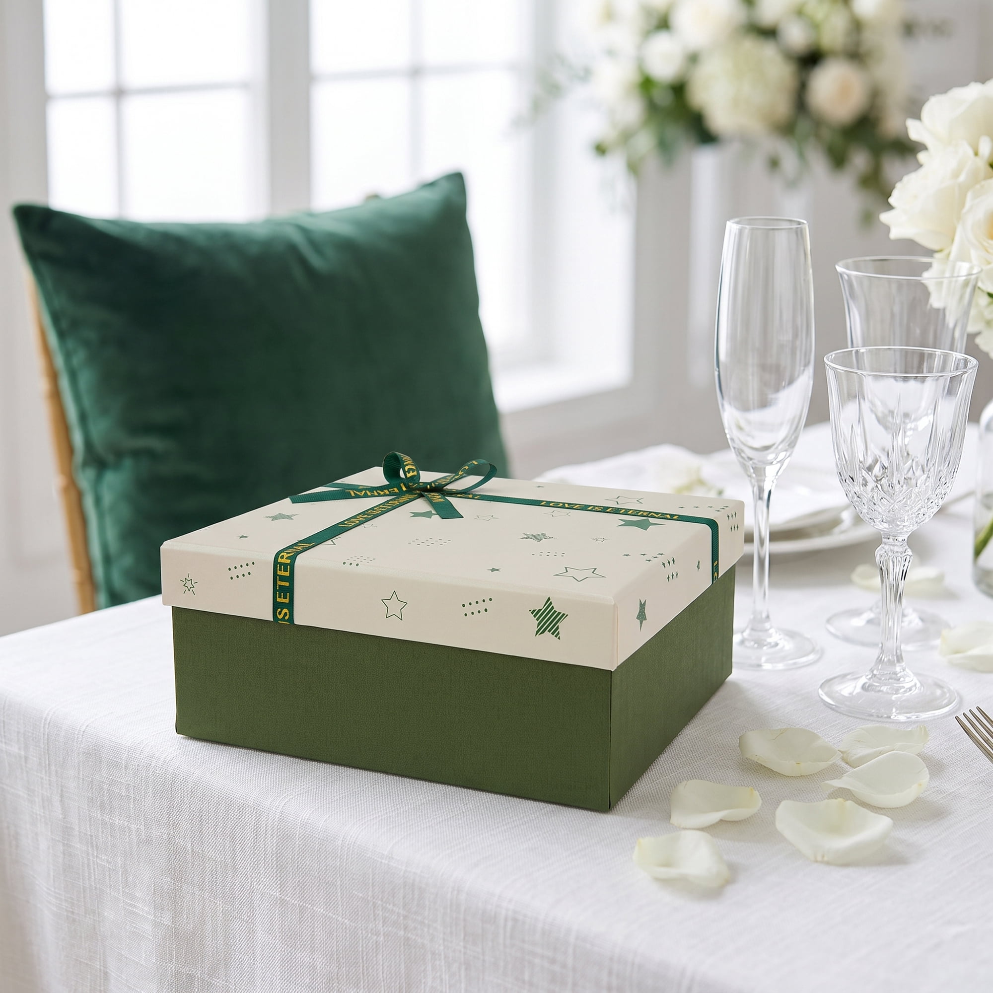 Unique Bargains Elegant Rigid Gift Box with Printed Ribbon Green 7.9" x 7.1" x 3.1"