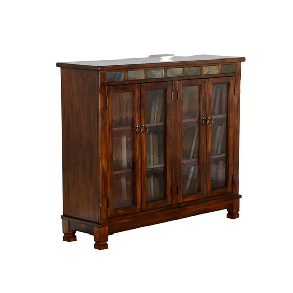 Odell Bookcase Cabinet, 4 Beehive Glass Doors, Slate Inlay Dark Brown