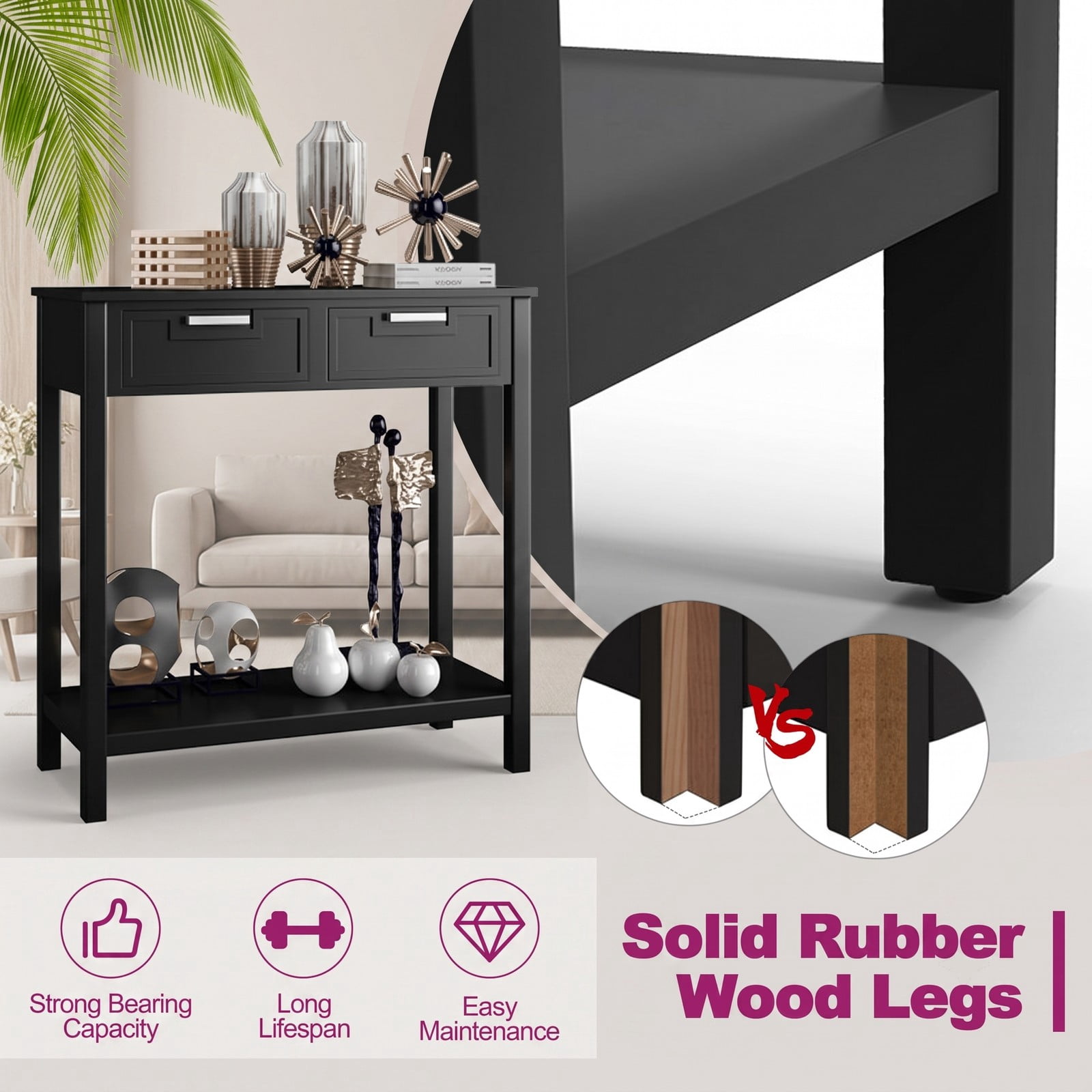 Furnibear Narrow Console Table with 2 Drawers and Open Storage Shelf and Solid Wood Legs for Small Entryway and Foyer, Black