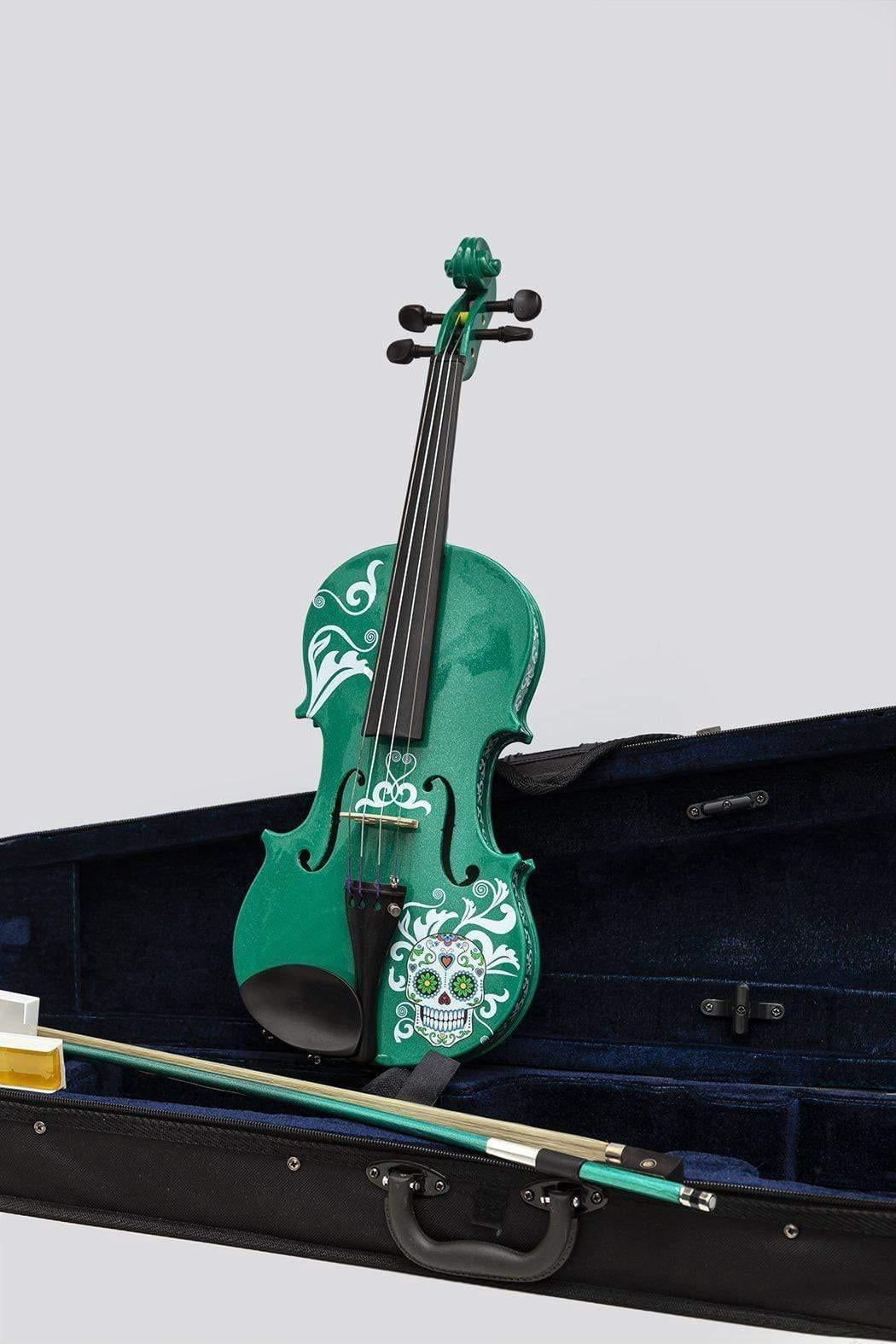 Cinco de Mayo Emerald Green Violin Outfit w Matching Carbon Fiber Bow Case Crystal Fine Tuners Rosin Strings Set Up
