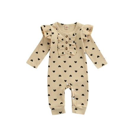 

Suanret Kids Baby Girls Valentine s Day Rompers Heart Print Ruffles Long Sleeve Knitted Button Jumpsuits Overalls Apricot 6-12 Months
