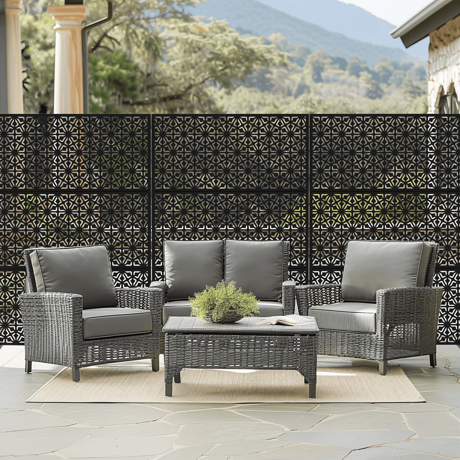 MAYEERTY 72"x47" Outdoor Privacy Screen with Stand, 3 Panels Metal Garden Decorative Screen, Black