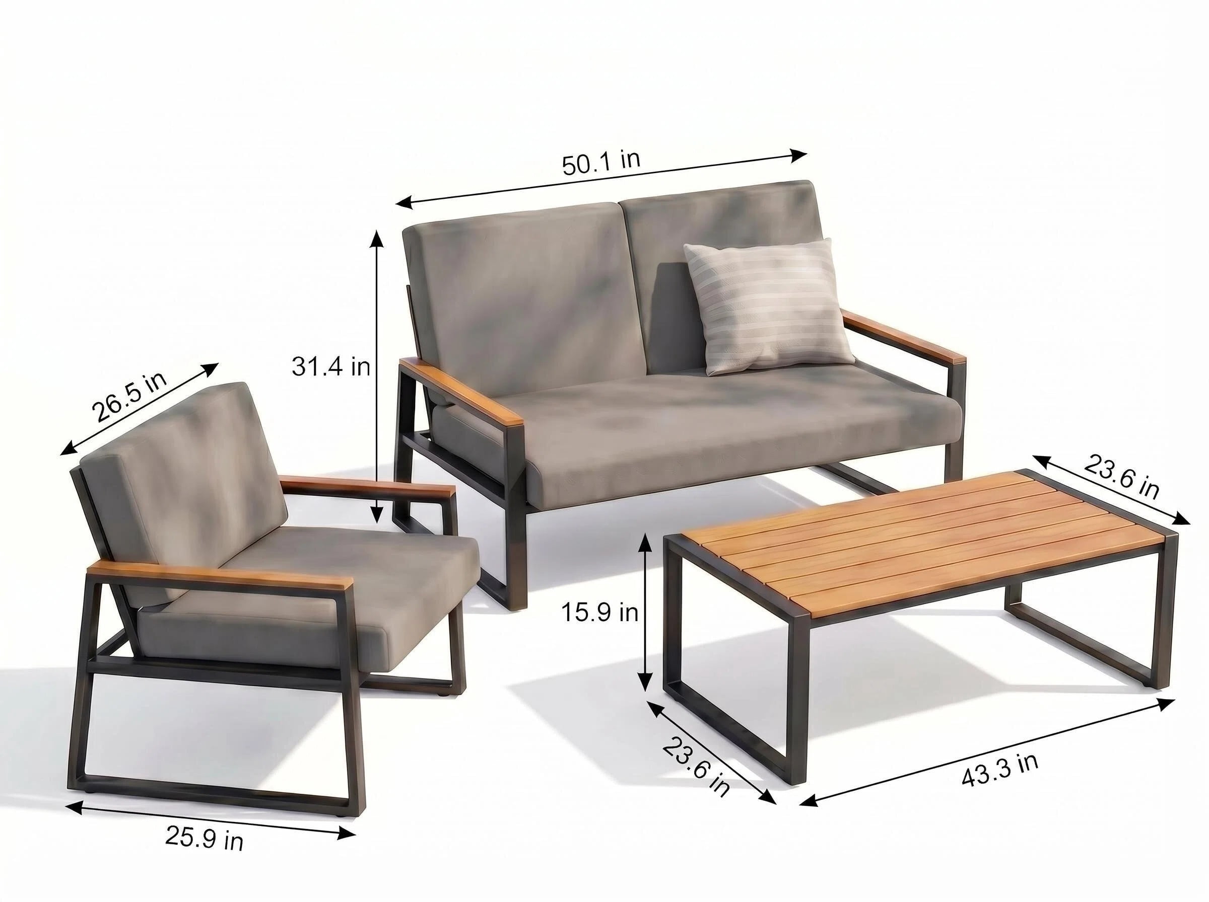 Outdoor Furniture Set, Lofka Patio Sectional Furniture Set with Rectangle Wooden Table and Heavy-Duty Metal Frame, Seating for 4, Gray Cushion
