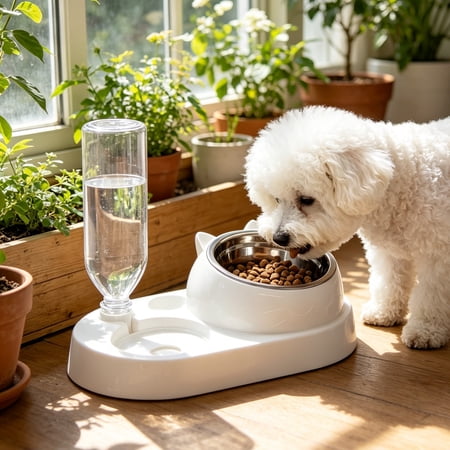 Pet Bowl Drinking Water Dispenser Automatic 2 in 1 Dog Cat Feeder Gravity Twin Bowl Portable Station Hands Free Feeding Tool for Indoor Outdoor Pets Daily Care