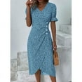 thumbnail image 3 of Elegant Floral Pleated H shaped Midi Dress Female V Neck Puff Sleeve Waist Ruched Button Dresses Women Summer Dress Robe, 3 of 10