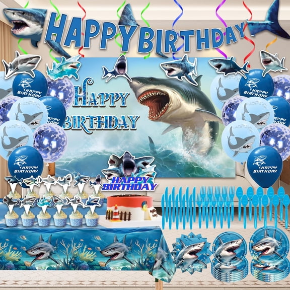 Shark Birthday Party Supplies, Shark Theme Style Party Include Happy Birthday Banner, Backdrop, Tableware Set, Tablecloth, Hanging Swirls, Cake Toppers, Cupcake Toppers, Latex Balloons(A) C113