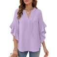thumbnail image 2 of Womens Summer 3/4 Length Sleeve Bell Sleeve Flared Tunic Tops Plus Size V-Neck Blouses for Women Dressy Casual Purple 3XL, 2 of 5