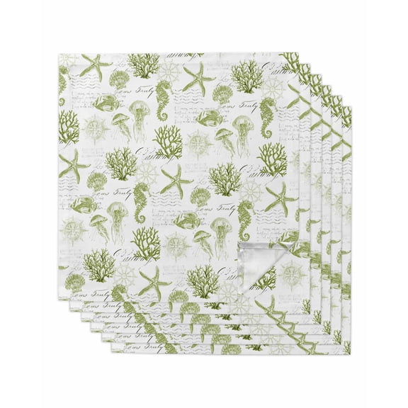 nqOlkjepod Sage Green Coastal Cloth Napkins Set of 6 Reusable Dinner Napkins, Starfish Jellyfish Fish Coral Shells Cocktail Napkin Washable Table Napkins for Wedding/Party/Baby Shower 20"x20"