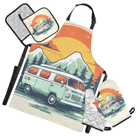 Car Sun Mount Forest 5 Pcs Kitchen Set Heat Resistant Oven Mitts and Non-Slip Pot Holders with Adjustable Cooking Apron