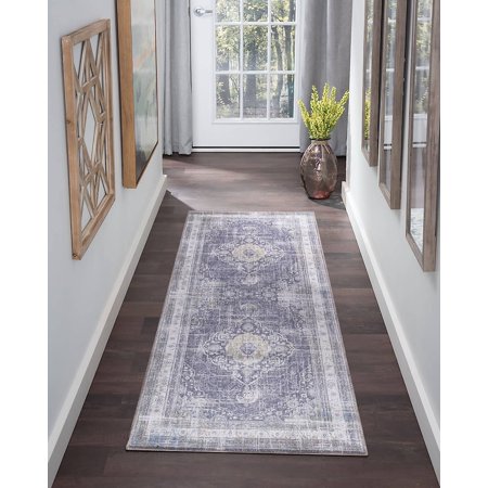 Adiva Rugs Machine Washable Area Rug for Living Room, Bedroom, Bathroom, Kitchen, Printed Persian Vintage Home Decor, Floor Decoration Carpet Mat (Grey/Gold, 2'6" x 6'6")