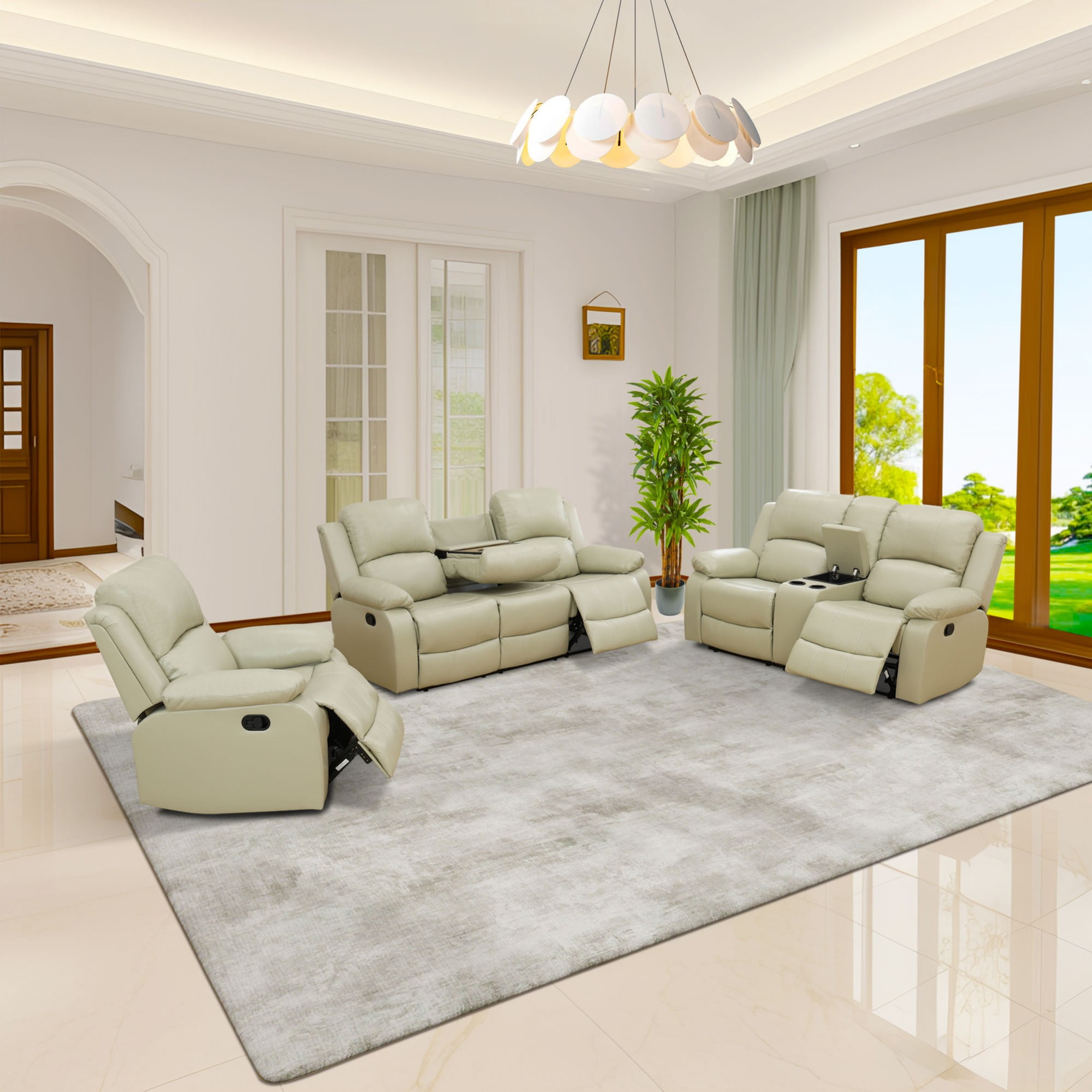 Gewnee Beige 3-Piece Living Room Air Leather Recliner Sofa Set with Console & Cup Holders