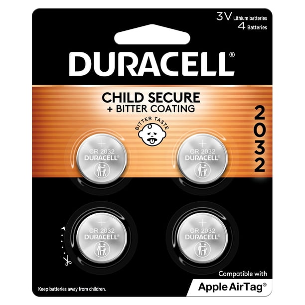 Batería de Litio Duracell 2032. Paquete de 4 unidades. Funciones de seguridad infantil. Compatible con Apple AirTag, Key Fob y otros dispositivos. Celda de litio CR2032 de 3V. Batería 2032, batería de