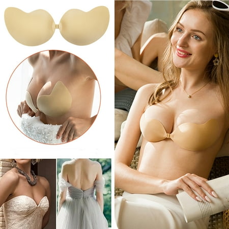 ALigoa Women s Strapless Invisible Bra Backless Self-Adhesive Push Up Sticky Bras  Beige  D Cup
