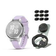 Garmin Lily 2 Active GPS Smartwatch (Silver and Purple Jasmine) Bundle with Focus Camera Portable Charger Stand and USB Charging Cable and Focus Charger Port Protectors (9-Pack) (3 Items)