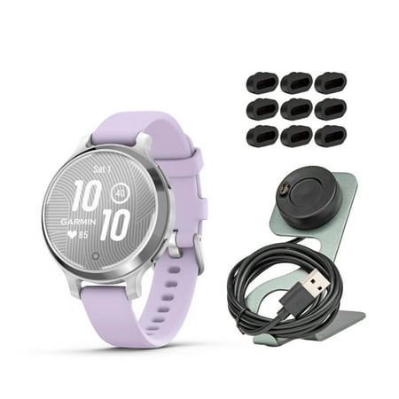 Garmin Lily 2 Active GPS Smartwatch (Silver and Purple Jasmine) Bundle with Focus Camera Portable Charger Stand and USB Charging Cable and Focus Charger Port Protectors (9-Pack) (3 Items)