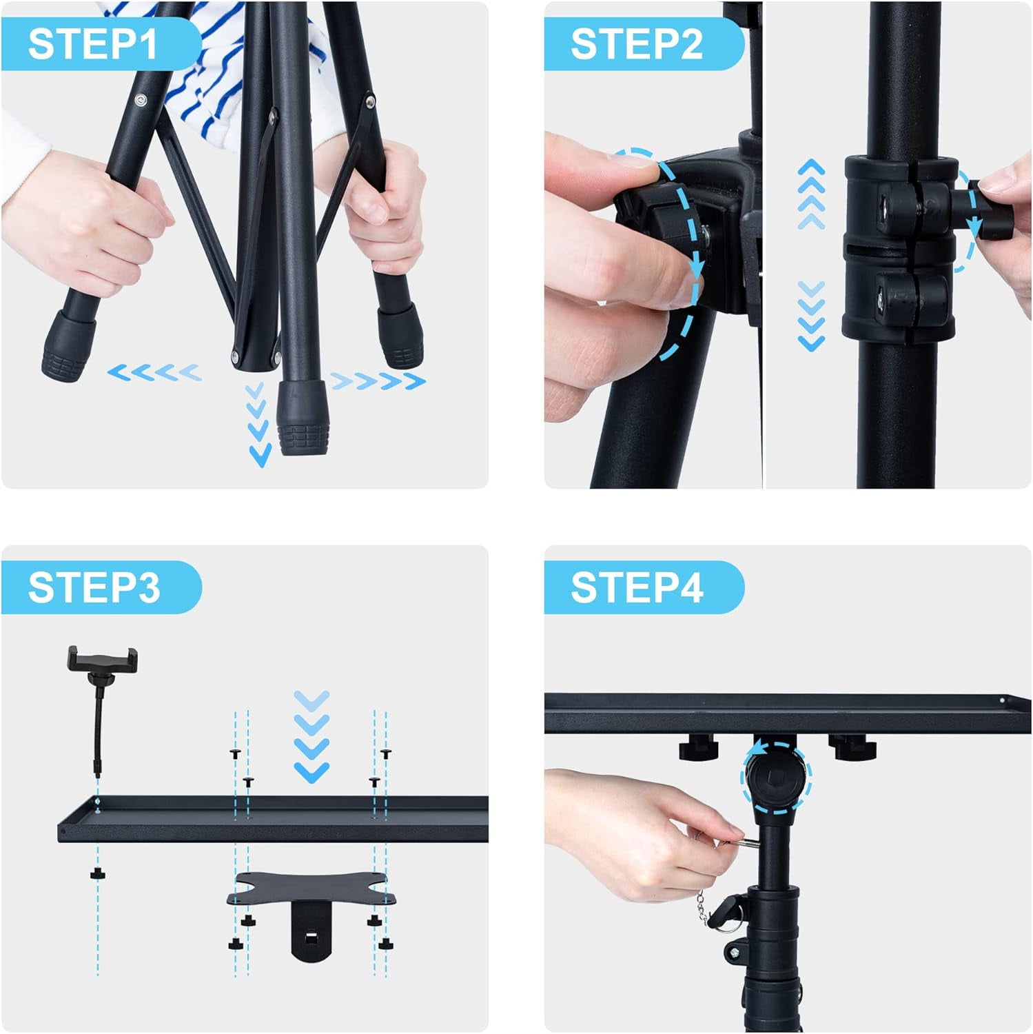 Projector Stand Tripod, Laptop Tripod Stand Adjustable Height from 23.5 to 63.5 inches with Gooseneck Phone Holder, Laptop Floor Stand for Office, Home, Stage, Studio