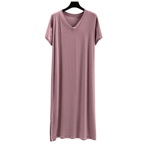 ZyeKqe Long Sleep Shirts for Women Short Sleeve V Neck Nightgown Casual Lightweight Loose Soft Comfy Loungewear