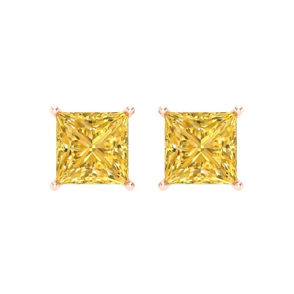 4 ct Screw-Back Stud Earrings for Women | 7.0mm Princess Cut Simulated Yellow Diamond | 18K Rose Gold