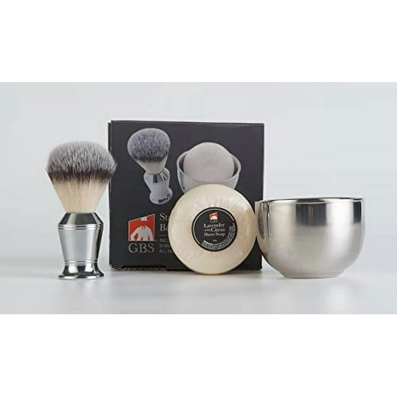 G.B.S 3 Piece Shaving Set: Stainless Bowl, Synthetic Brush, 97% Natural Soap