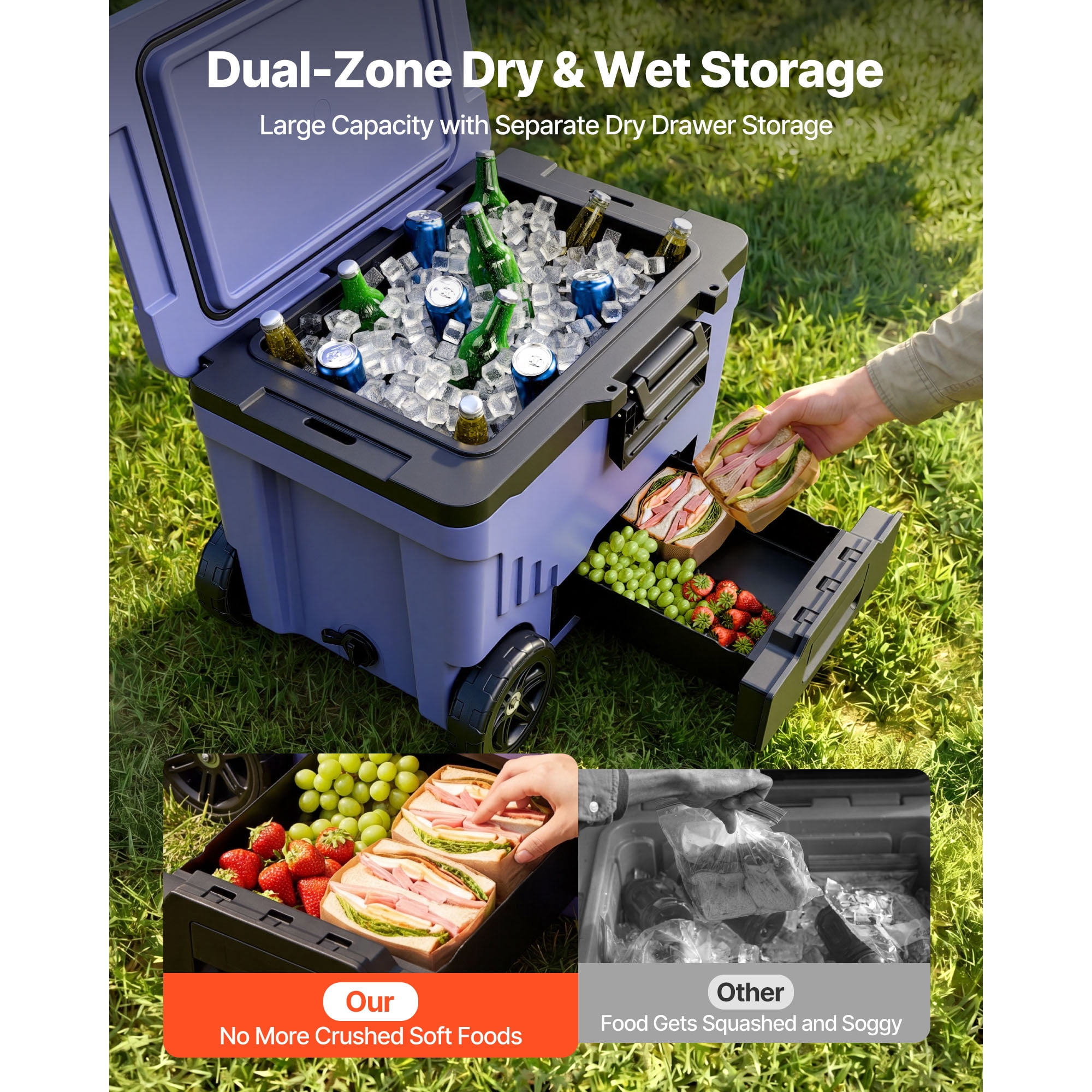 KFFKFF Hard Cooler, 45QT Portable Rolling Cooler with Wheels, Leak-Resistant Coolbox Keeps Contents Cool for 48 Hours, Ice Retention Insulated Chests, Ultra-Light for Outdoor Picnics, Grill, Camping