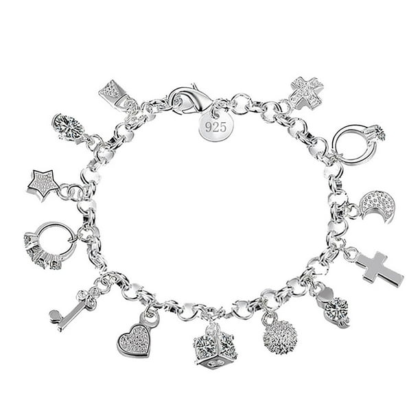 Pulsera de plata ajustable del encanto con 13 colgantes con estilo Pulsera de plata Regalo perfecto para la mujer y la niña