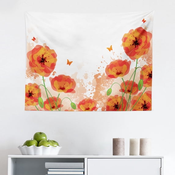 Poppy Flower Tapestry, Freshening Sky View with Grass Poppies Against Sunset Horizon Countryside, Fabric Wall Hanging Decor for Bedroom Living Room Dorm, 2 Sizes, Red Green Blue, by Ambesonne