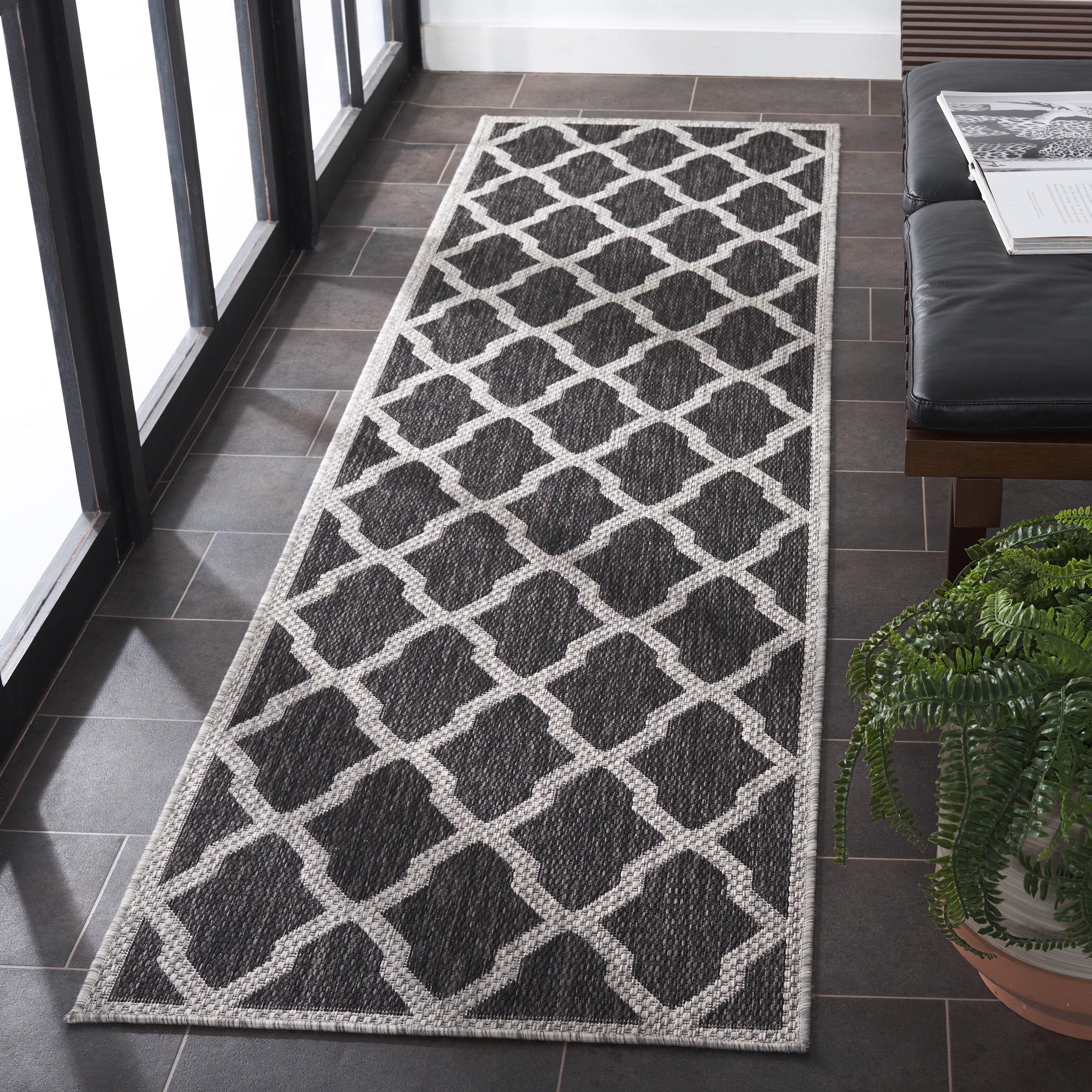 SAFAVIEH Beach House Jeptha Geometric Indoor/Outdoor Runner Rug, Charcoal/Gray, 2'2" x 10'