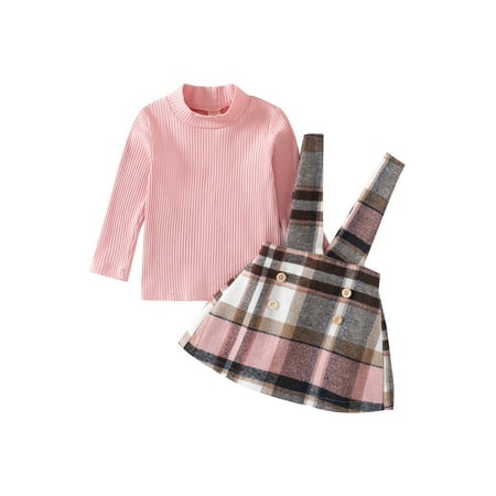 

AmShibel Kid Baby Girl Autumn Skirt Clothes Set Long Sleeve Ribbed Knit Half High Neck Pullover T-shirt+Plaid Suspender Skirt Dress Outfit