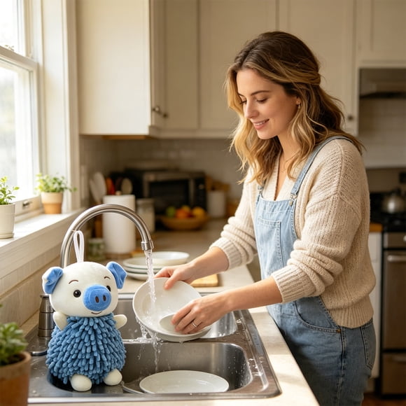 Cartoon Pig-Shaped Hand Towel, Super Absorbent Fabric, 190g, Quick-Dry, Wringable, Multipurpose Kitchen and Bathroom Hanging Towel