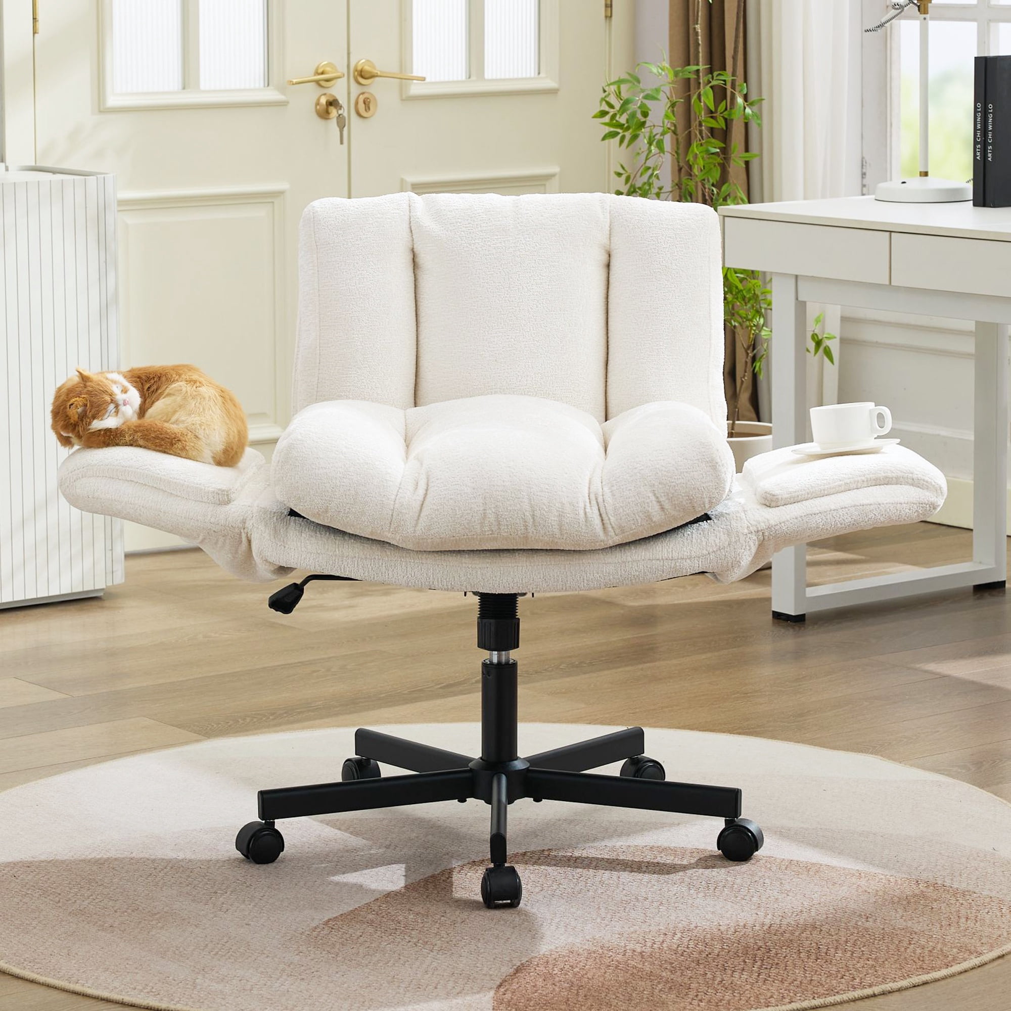 PORKISS Criss Cross Office Chair with Wheels and Foldable Arms, Wide Seat Chenille Swivel Desk Chair, Height Adjustable Vanity Chair for Home Office Bedroom, Beige