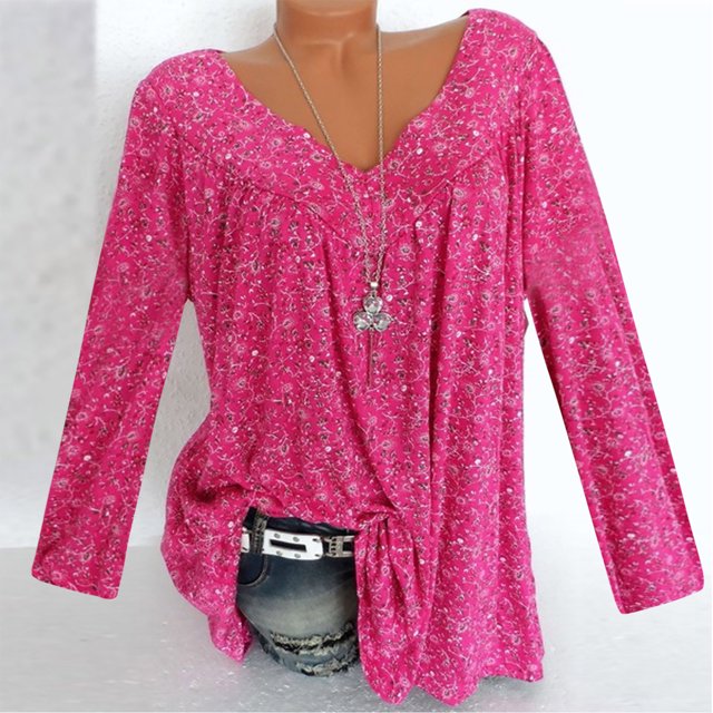 EQWLJWE Liquidation d'Économies d'Été! Femmes Grande Taille Couleur Unie Imprimé Col en V Manches Longues Tunique Froncée T-Shirt Hauts d'Automne en Liquidation Rouge TG