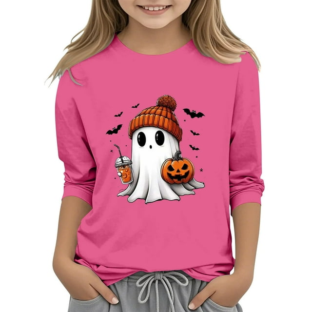 XQYLOS T-Shirt Mignon Festif pour Filles Haut Enfants Jeunes Décontracté Halloween Imprimé 2D Col Rond Manche Trois Quarts Tee T-Shirt Haut Automne Automne Vêtements Mode