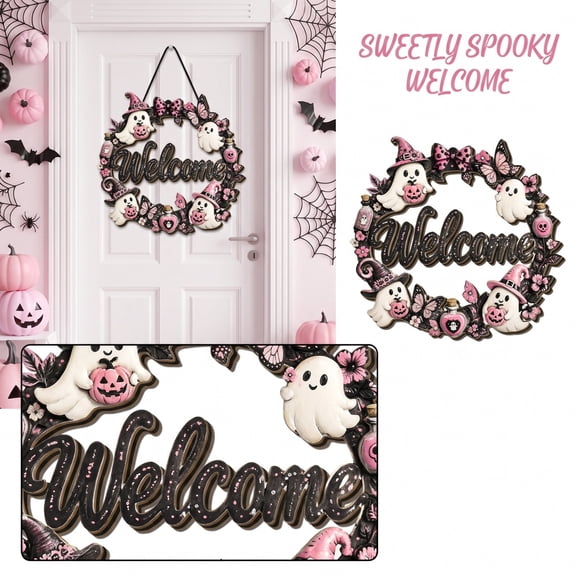 Halloween Door Hanger, Pink Cute Ghost Hanging Sign 12 Inch Outdoor Halloween Door Decor Spooky Pink Halloween Decor for Front Porch Home Wall Halloween Party Decor, 1 Pack