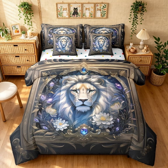 Manfei Woodland Lion Twin Bedding, Vintage Boho Western Bedding Comforter Set, Blue Brown, Polkadot Reversible, 7-Piece