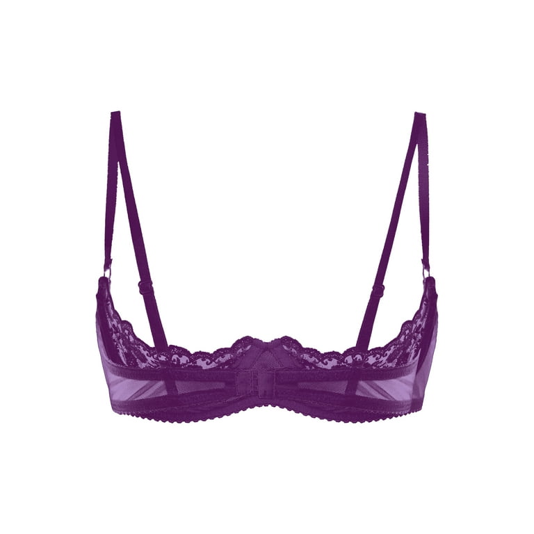 renvena Women's 1/4 Cup Lace Bra Balconette Mesh Underwired Unlined Demi  Shelf Bra Size S-5XL Purple S 