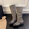 thumbnail image 6 of Xfvqtps Vintage Mid Calf Boots for Women Pull on Round Toe Thick Sole Buckle Strap Faux Leather Tall Boots, 6 of 7
