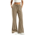 thumbnail image 3 of Lmueinov Women's 100% Cotton Flare Leg Pants Elastic High Waist Adjustable D string Casual Stretchy Wide Leg Trousers with Pockets, S-XXL, 3 of 6