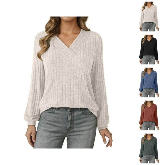 Clothes for Women Women's Solid Sweatshirt Women's European And Autumn Casual Pullover V Neck Striped Loose Long Sleeved T Shirt Top Sweater