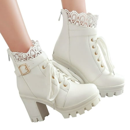 

Gothic Women Lace Buckle Booties Lace Up Booties High Heels Ankle Boots Zipper Punk Boots for Women