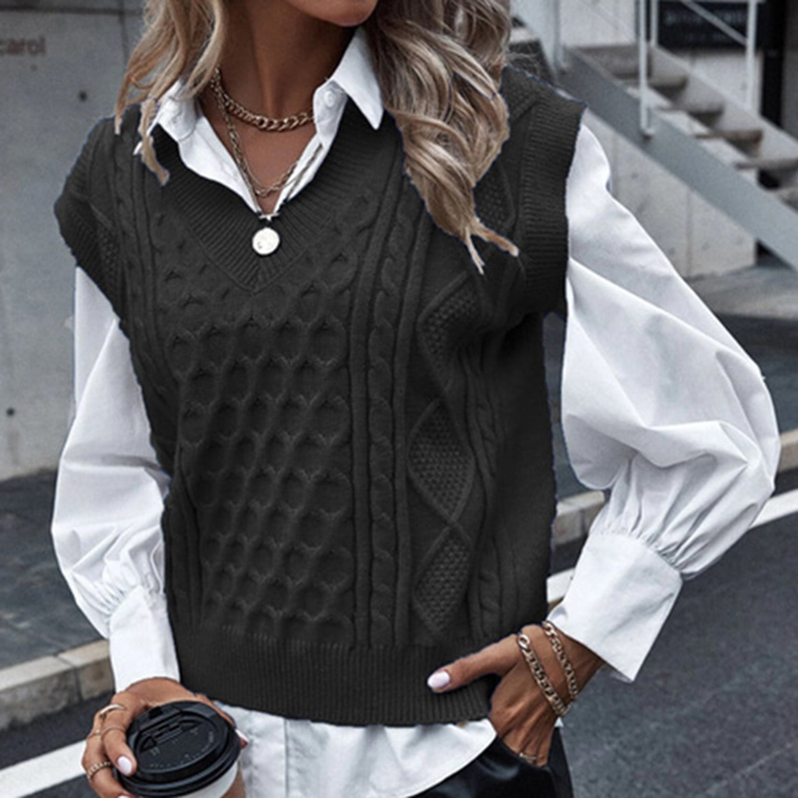 Stylish Women Casual V-Neck Hollow Diamond Knitted Vest Sweater