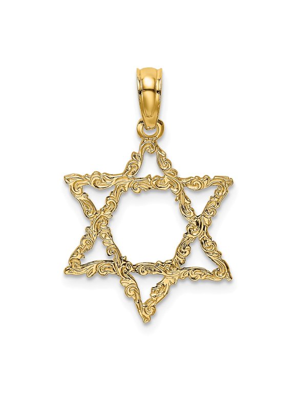 14K Yellow Gold Star Of David with Scroll Design - Jewish Pendant