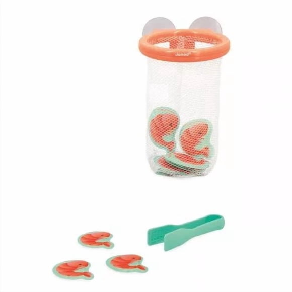 Janod - Attrape-crevettes - Jouet de bain pour bébés - 12 crevettes + 1 pince + 1 panier à ventouse - Jouet d'apprentissage précoce - 24 mois +