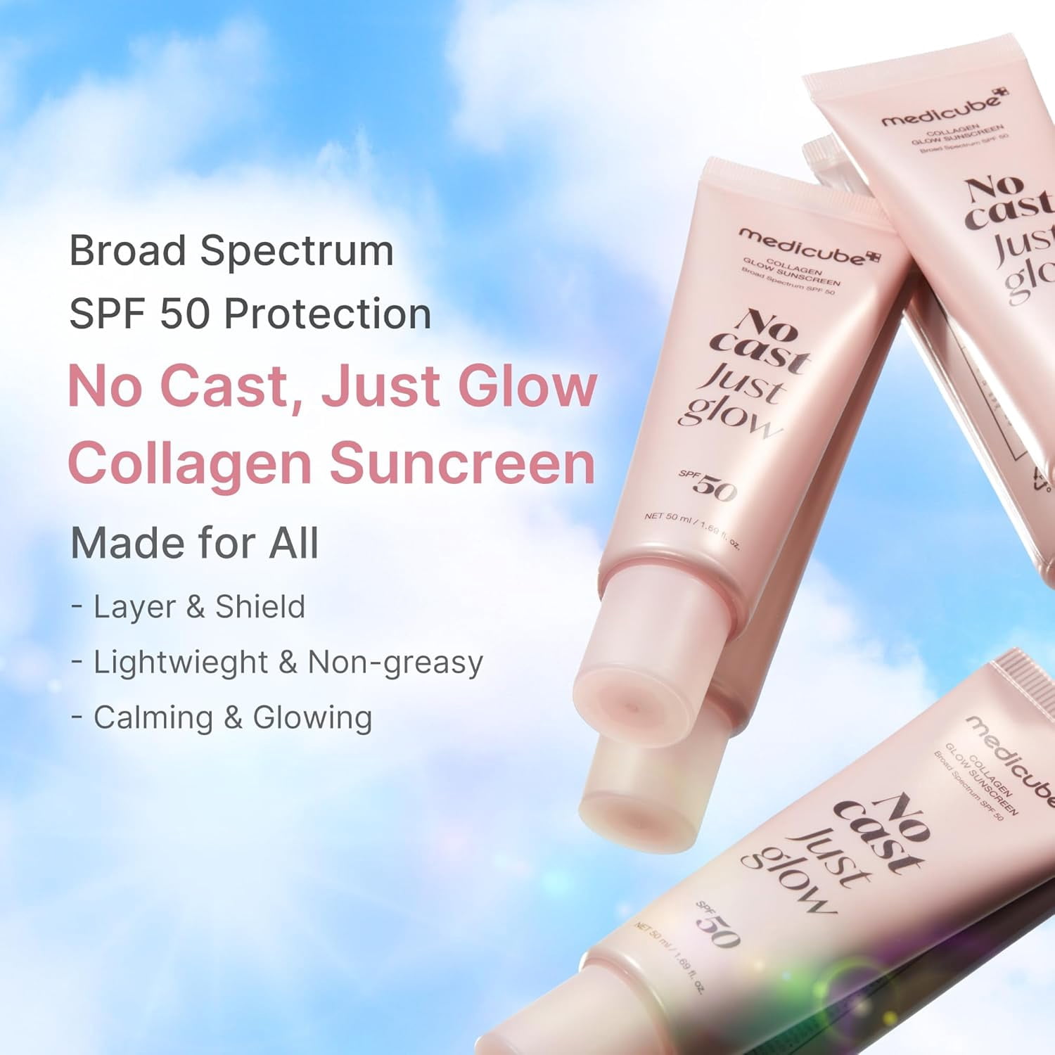medicube Collagen Glow Sunscreen SPF 50 Broad Spectrum Face Sunscreen, Lightweight Hydrating, No White Cast, Korean Skincare, 50ml