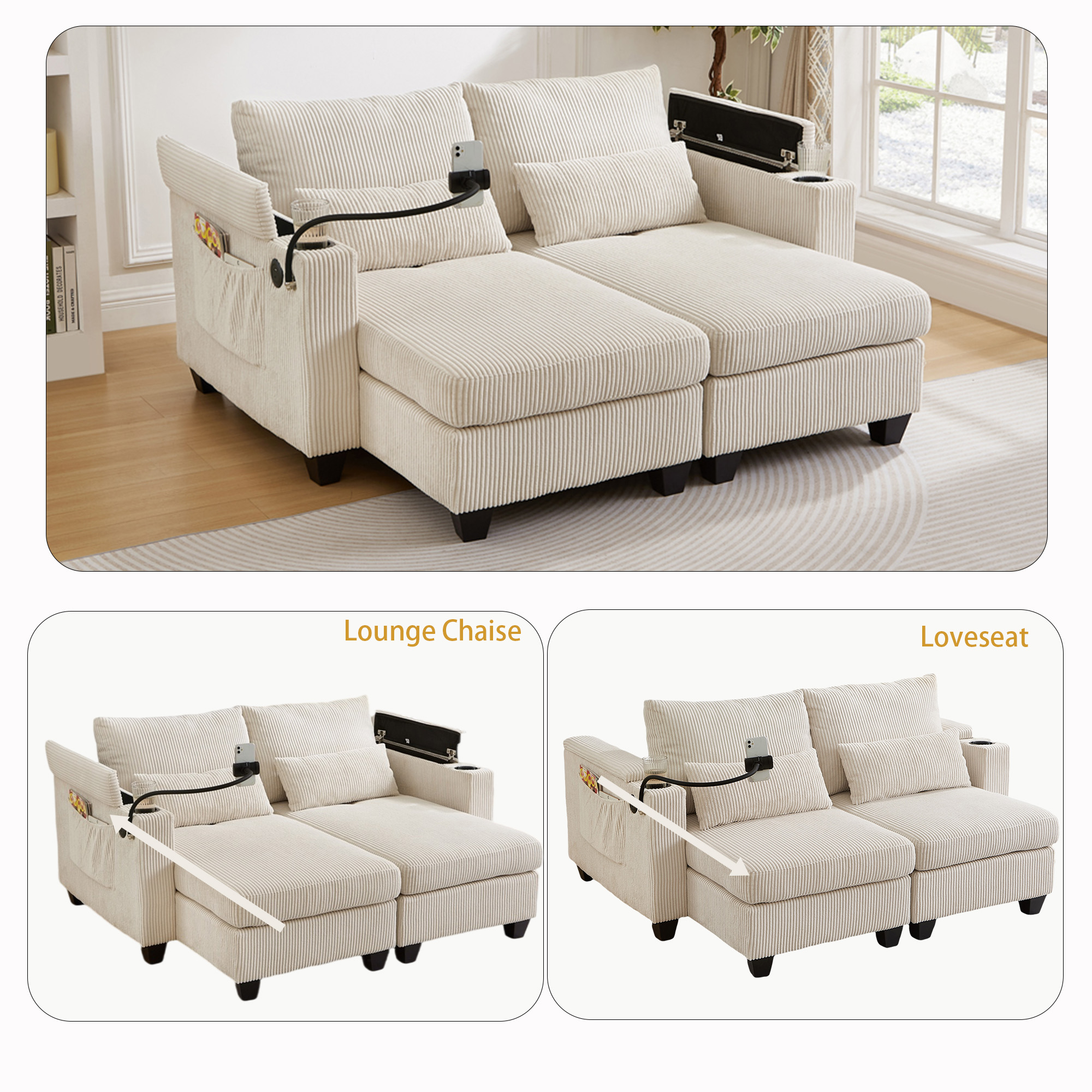 63" Corduroy Convertible Chaise Lounge Loveseat with Storage, USB Ports & Lumbar Pillows