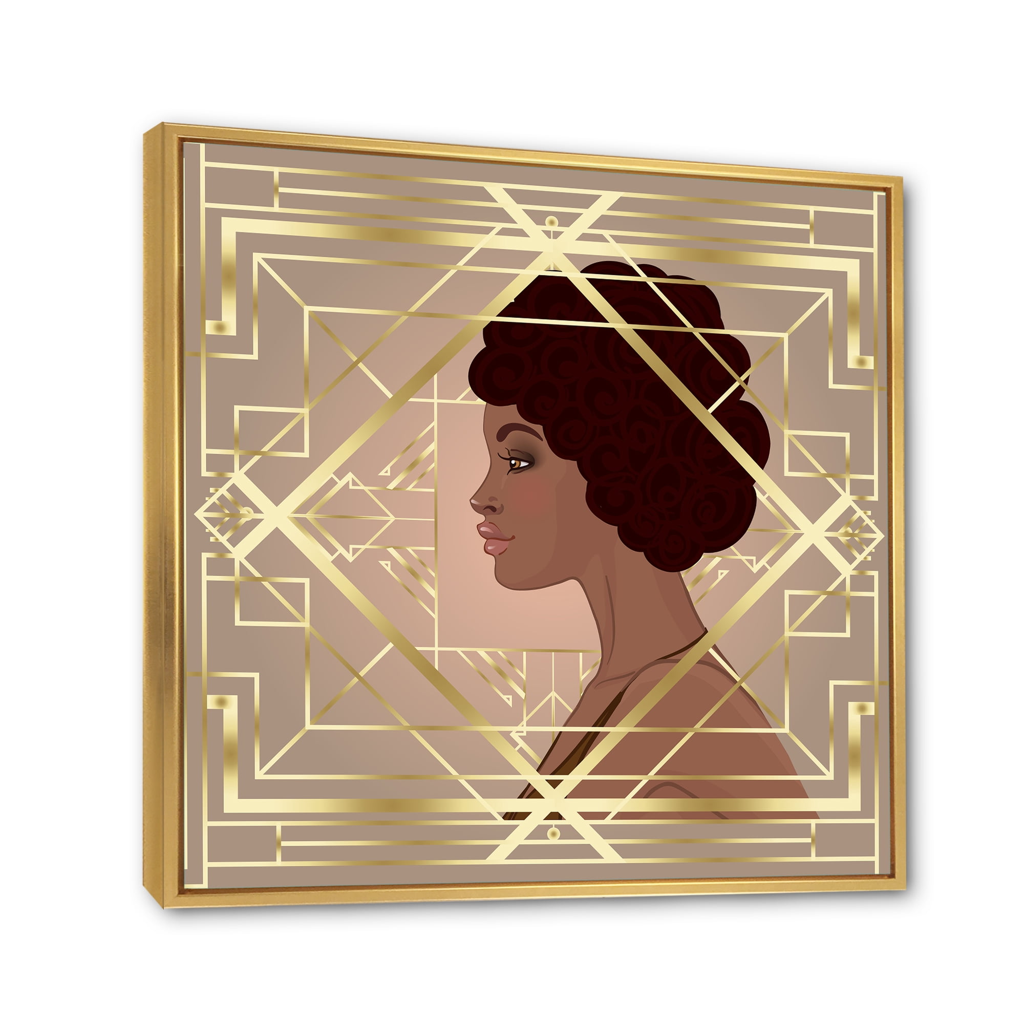 Designart 'Retro Girl In Golden Art Deco Geometrics II' Modern Framed Canvas Wall Art Print