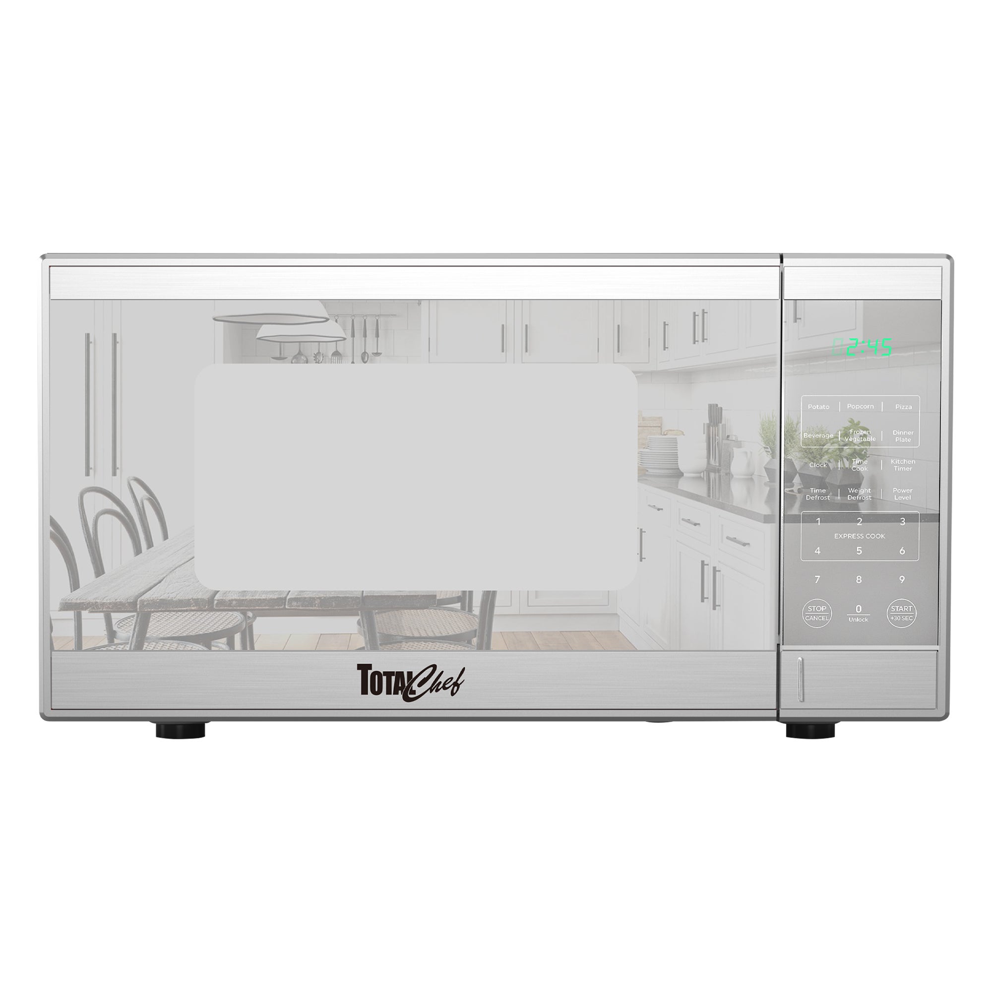 Total Chef Compact Countertop Microwave Oven, 0.9 Cu Ft. 900W, 10 Power Levels, 6 Auto Cook Pre-Sets, Express Cook, Digital Touchscreen Controls, Child Lock, Timer, Mirrored Finish, Stainless Steel