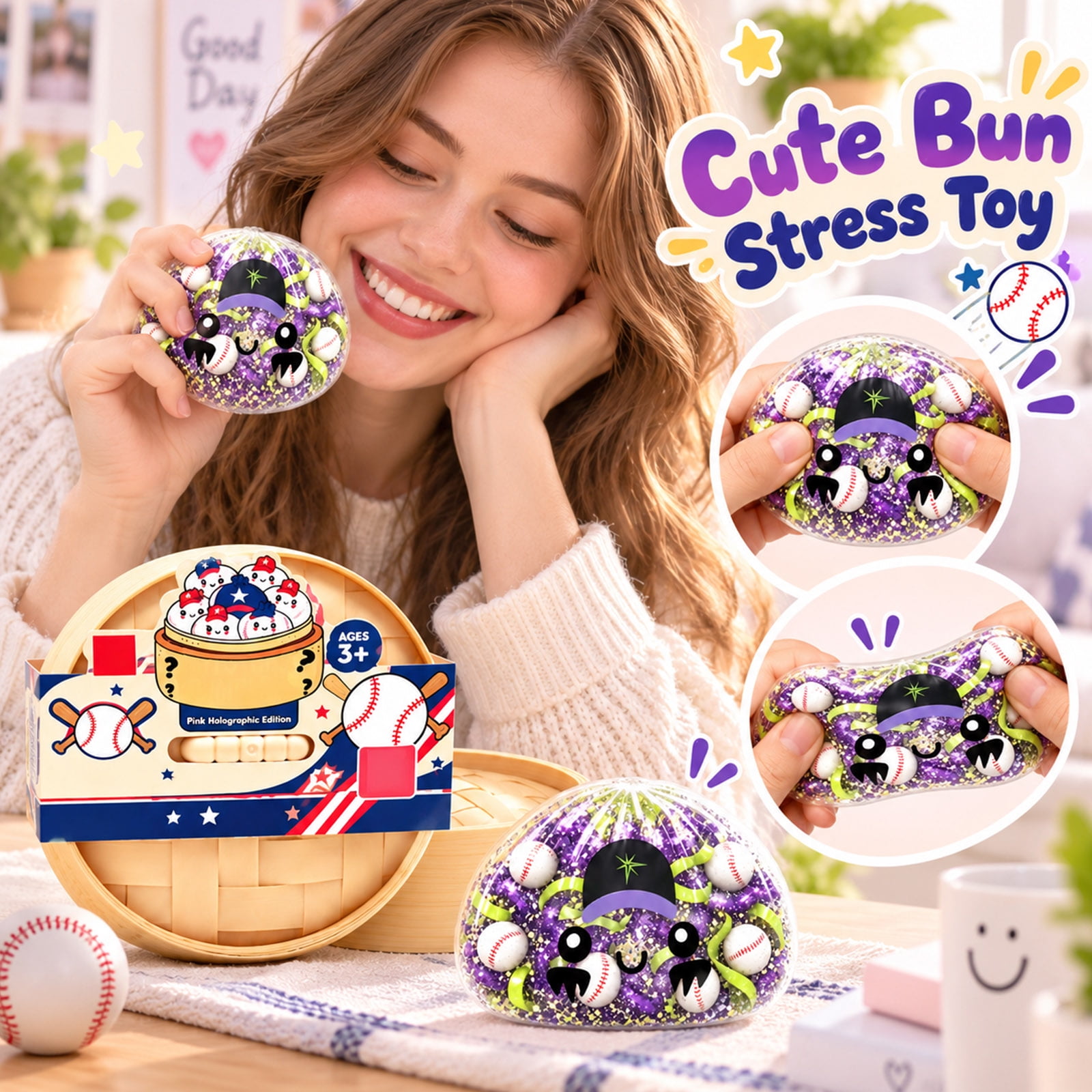 Baseball Dumpling Squishy Stress Ball - Squeeze Bun Cute Fidget Toy for Anxiety Relief Sensory Hand Exercise & Soft Desk Toy