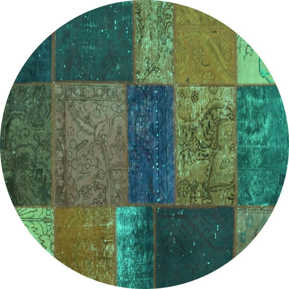 Ahgly Company Machine Washable Indoor Round Patchwork Turquoise Blue Transitional Area Rugs, 5' Round