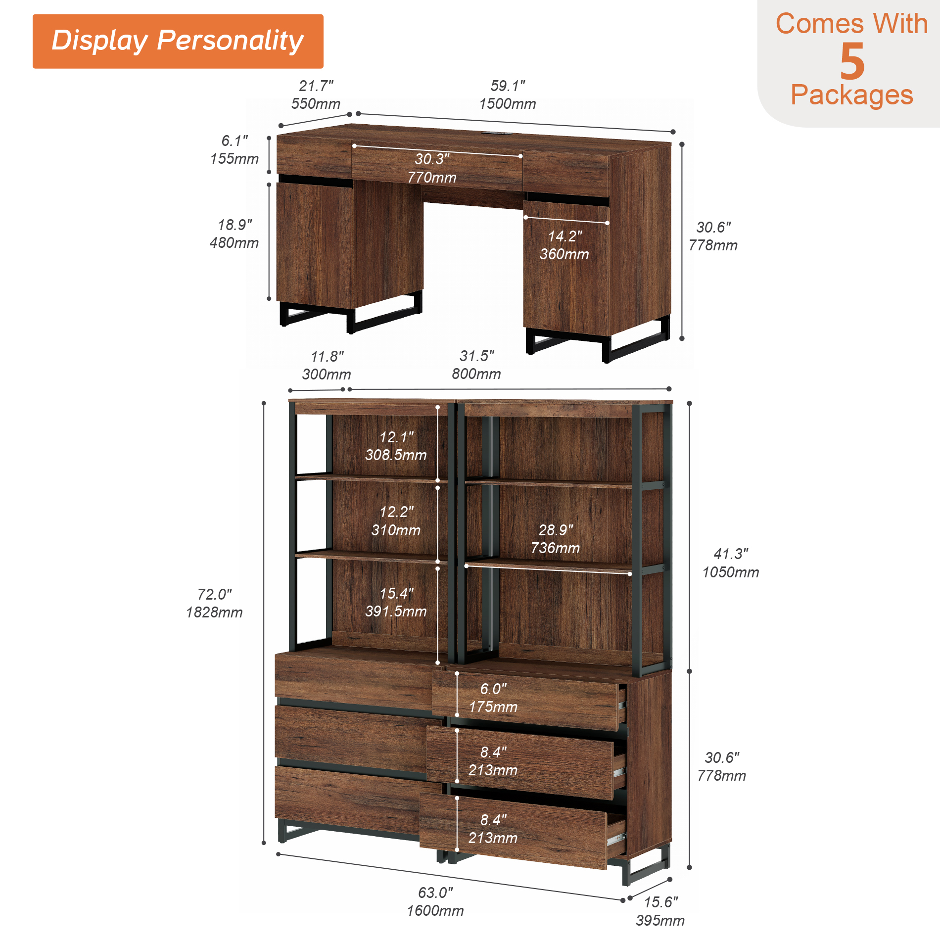 WAMPAT Home Office Furniture Set: 59" Executive Desk with Charging Station and Storage Cabinet, 72" Tall Bookcase with 6 Drawers, Modern Computer Desk and Library Shelf for Work Study, Brown