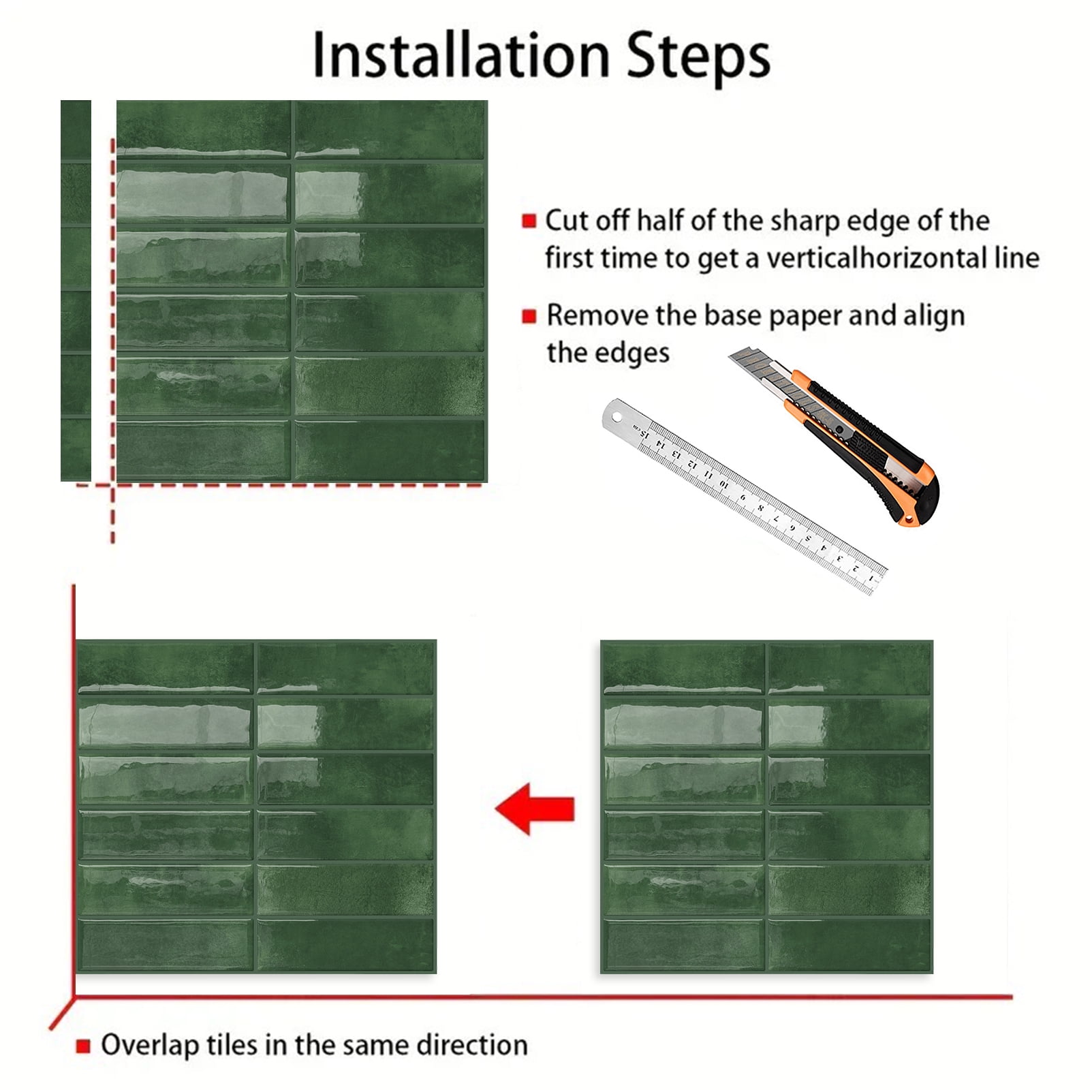 DEWOO 10pcs Peel and Stick Backsplash Wall Tiles, Extra Thick 3D Wall Panels, Heat & Water Resistant, Easy DIY Kitchen, Bathroom, Laundry, Fireplace & Rental Home Wall Décor (Dark Green, 12"×12")